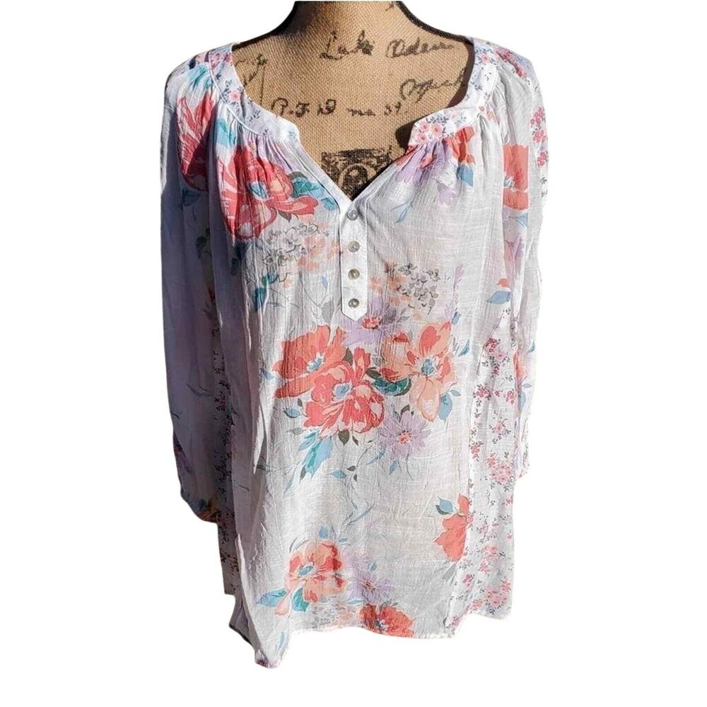 Indigo Rose Women 2X Floral Peasant Blouse White Coral Henley Long Sleeve Top